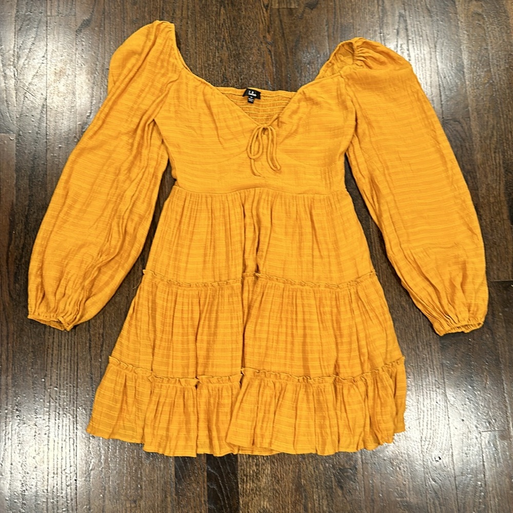 NWT- LULUs Tender Memories Yellow Tiered Ruffled Balloon Sleeve Mini Dress. L - Picture 12 of 13